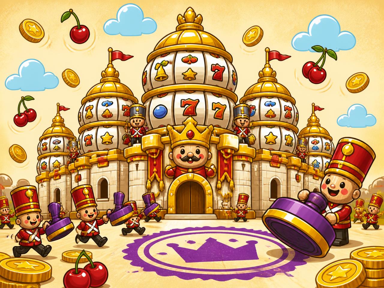 Cartoon slot-reel palace with toy soldiers carrying giant rubber stamps